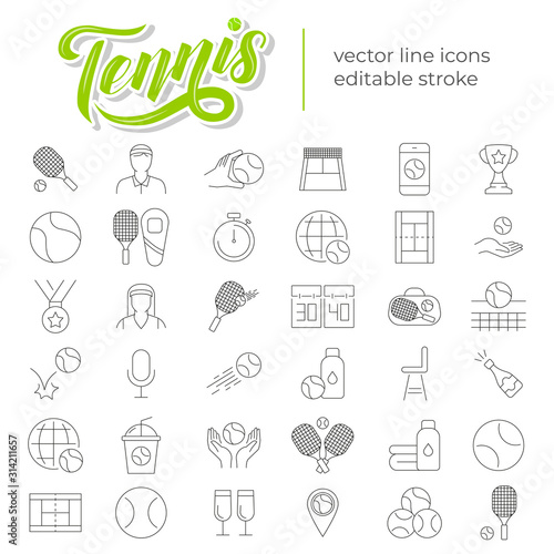 Set of vector line icons and symbols in flat design tennis with elements for mobile concepts and web apps. Collection of tennis stuff, ball, racket, equipment, court, medal, competition infographic.