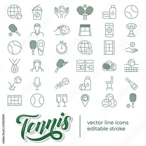 Set of vector line icons and symbols in flat design tennis with elements for mobile concepts and web apps. Collection of tennis stuff, ball, racket, equipment, court, medal, competition infographic.