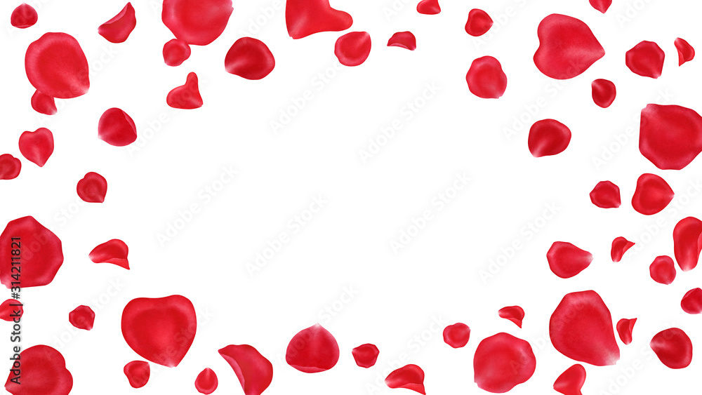 Red rose petals frame isolated on white background.Valentine day,wedding, mother day,March 8,international women day decoration,.Digital clip art.Watercolor illustration.