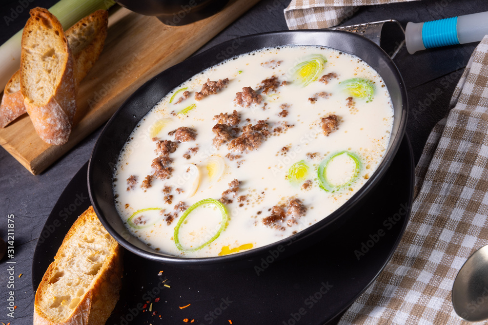 Delicious cheese and leek soup with minced meat - obrazy, fototapety, plakaty 