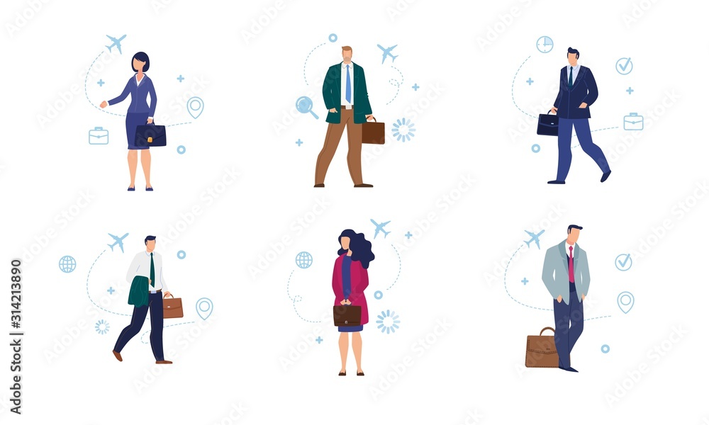 Traveling, Going on Work Trip, Flying on Plane Businesspeople Trendy Flat Vector Characters Set Isolated on White Background. Businesswomen, Businessmen, Company Employees with Briefcase Illustrations