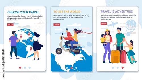 Travel Agency Tours, Airline Tickers, Hotel Booking Service Trendy Flat Vector Vertical Slide Web Banners, Landing Pages Set. Female, Male Tourists, Parents with Kids Traveling Together Illustration