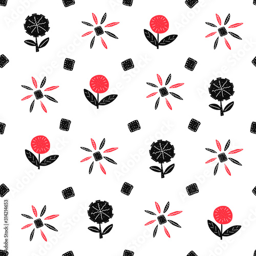 Floral cute seamless pattern on the white background. Scribble backdrop with hearts and flowers. Fabric decorative doodle texture