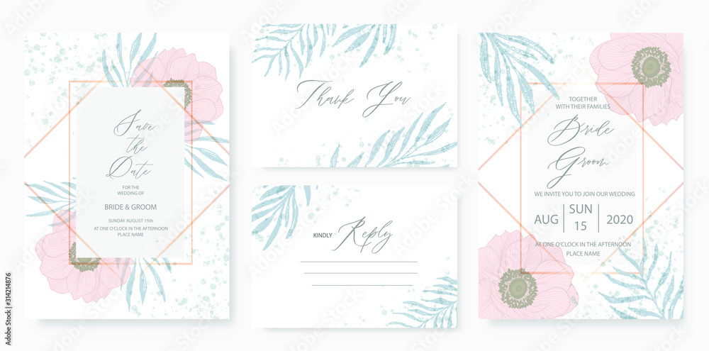 Botanical creamy wedding invitation card template set with green floral decoration.