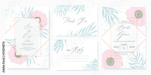 Botanical creamy wedding invitation card template set with green floral decoration.