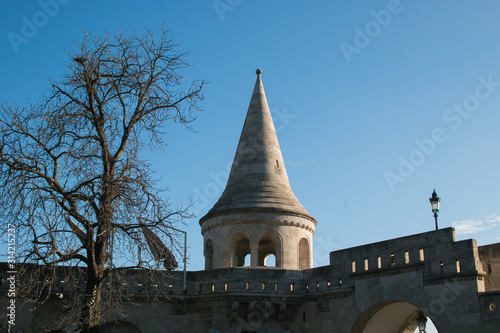 Tower of Fisherman's Bastion (Halaszbastya) on a winter day in Budapest, Hungary © Buffy1982