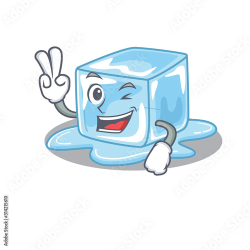 Smiley mascot of ice cube cartoon Character with two fingers
