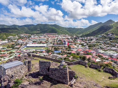 High aerial view of french flag in Fort Louis Marigot, The capital of french St.Martin. photo