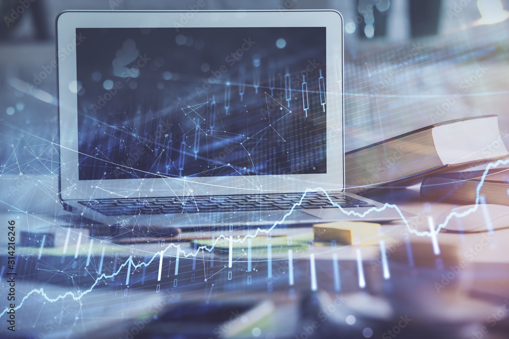 Forex market graph hologram and personal computer on background. Double exposure. Concept of investment. Forex market graph hologram and personal computer on background. Double exposure. Concept of investment.