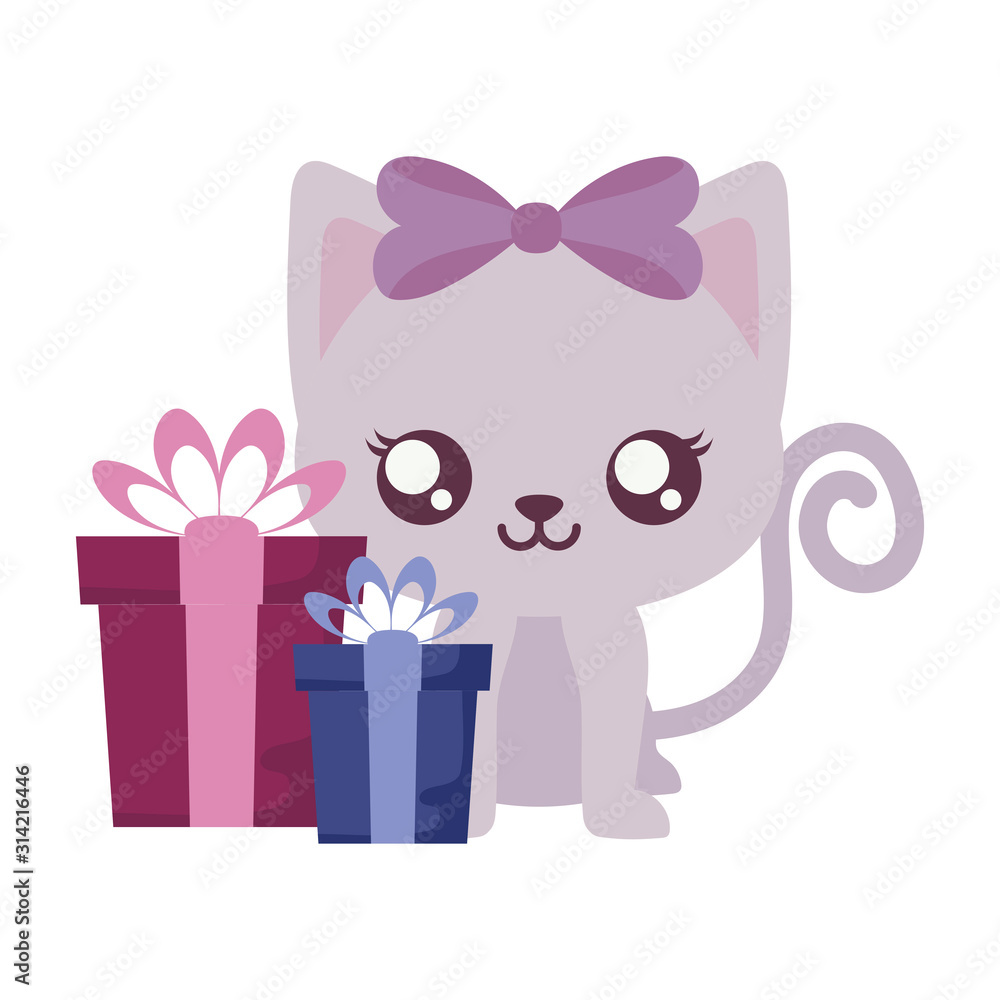 Cute cat cartoon with gifts vector design Cute cat cartoon with gifts vector design