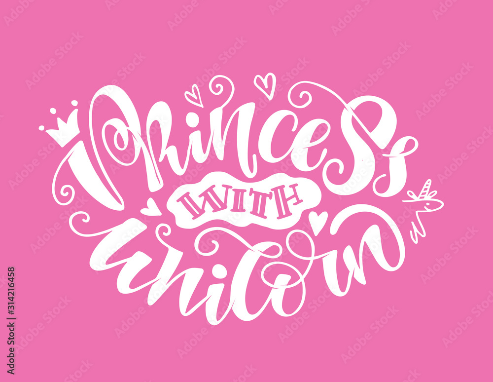 Little Princess - Little Prince - with unicorn - cute hand drawn doodle lettering postcard with cute crown