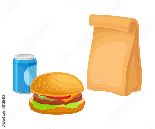 Snack for Lunch with Hamburger and Soda Isolated on White Background Vector Composition