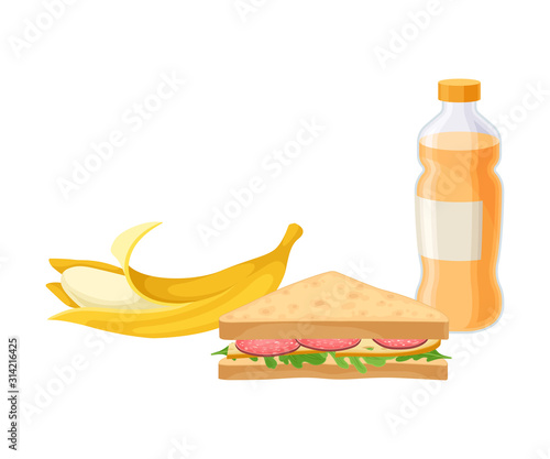 Takeaway Products for Snack Break with Sandwich and Banana Vector Illustration