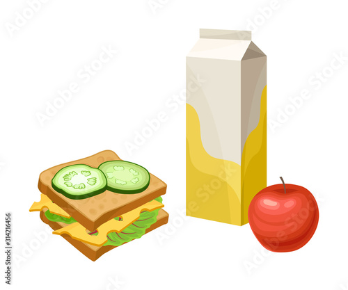 Takeaway Products for Snack Break with Sandwich and Apple Vector Illustration
