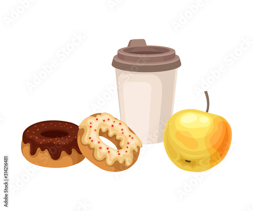 Snack Items for Lunch with Sweet Doughnuts and Coffee Isolated on White Background Vector Composition