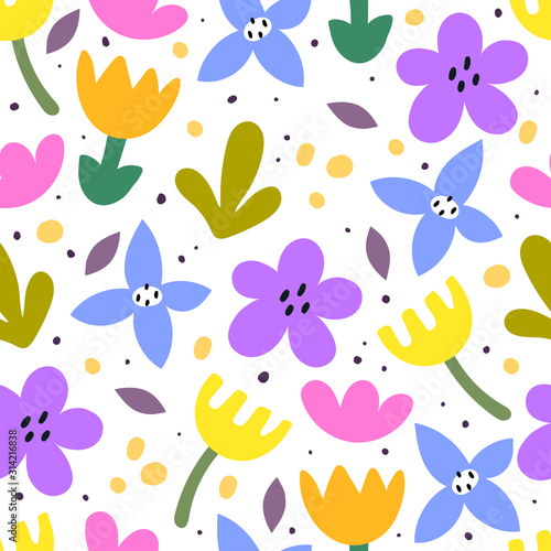 Seamless pattern with cartoon flowers, decor elements. colorful style vector. floral ornament. hand drawing. design for fabric, textile, wrapper, print