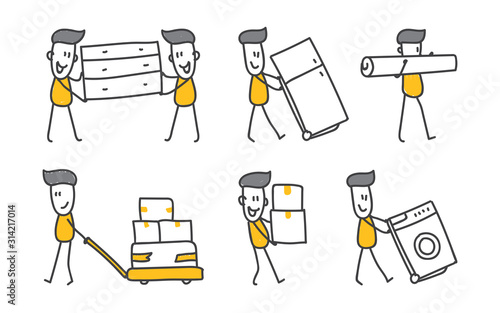 Hand-drawn doodle movers. They carry a cupboard, refrigerator, washing machine, carpet and boxes. Service loading and unloading. Simple elements for your website, poster or presentation.