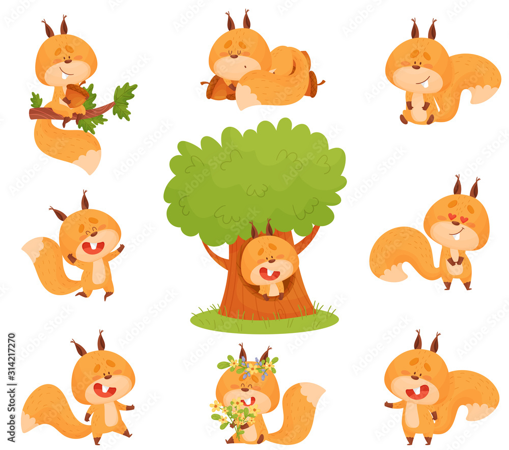 Cartoon Squirrel Character Engaged in Different Activities Vector Set Cartoon Squirrel Character Engaged in Different Activities Vector Set