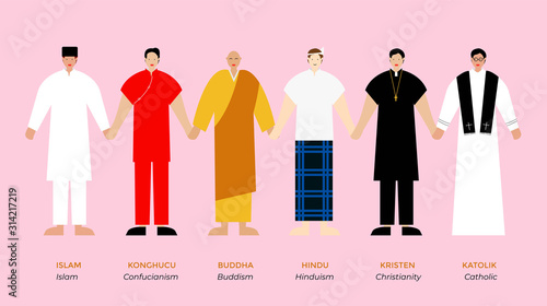 vector illustration Set of religion people. Different characters collection: buddhist, christian, hinduism, confucianism,islam, catholic 