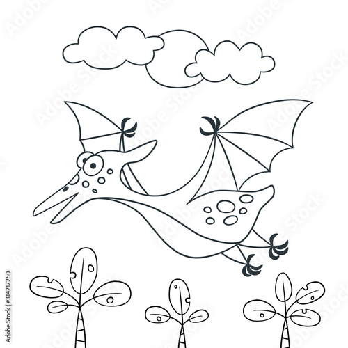 Cute dinosaur. Dino pterodactyl. Vector illustration in doodle and cartoon style for coloring books and prints. Hand drawn. Black and white