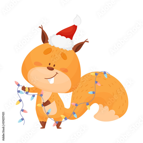 Squirrel Character Holding Colorful Fairy Lights Vector Illustration