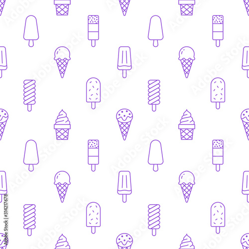 Ice cream background, sweet food seamless pattern. Vanilla icecream, frozen yogurt, popsicle lolly line icons. Summer dessert colorful vector illustration purple white color