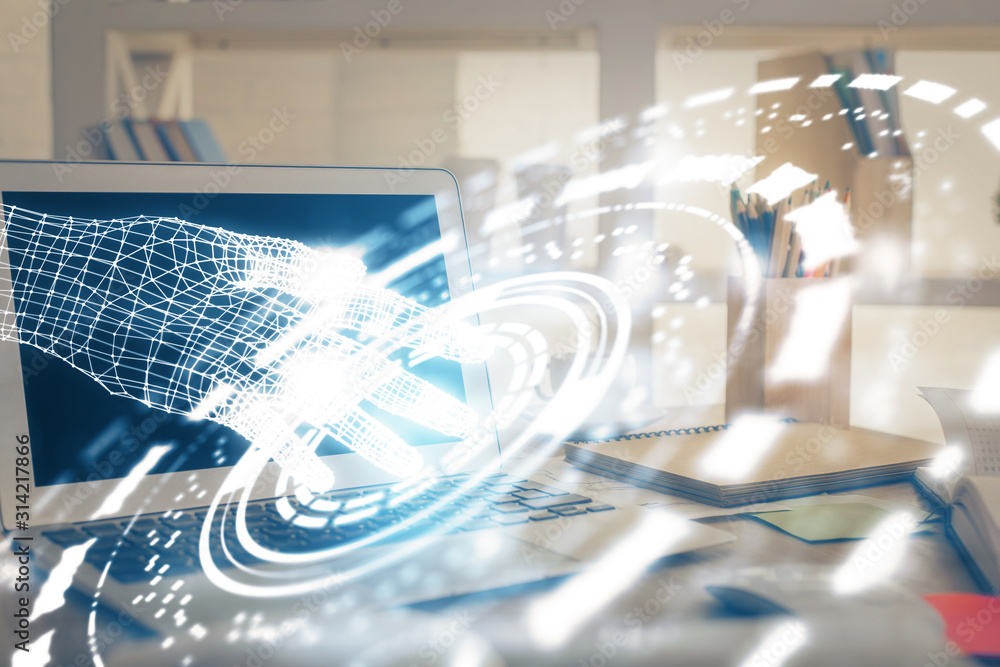 Multi exposure of computer on background and technology theme drawing. Concept of innovation. Multi exposure of computer on background and technology theme drawing. Concept of innovation.