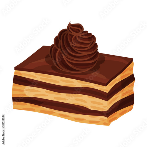 Sweet Cake Slice, Delicious Dessert with Chocolate Cream Vector Illustration