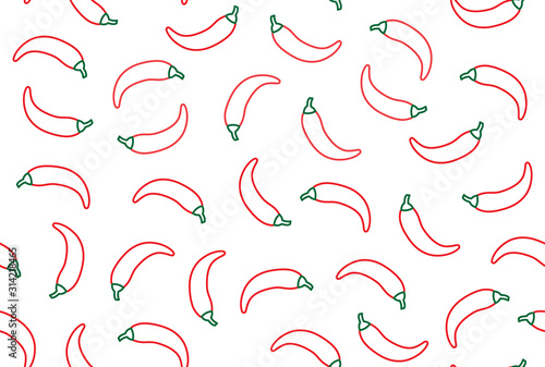 Chilli pepper background, spicy vegetable seamless pattern. Jalapeno line icons. Mexican food vector illustration, red, green, white color