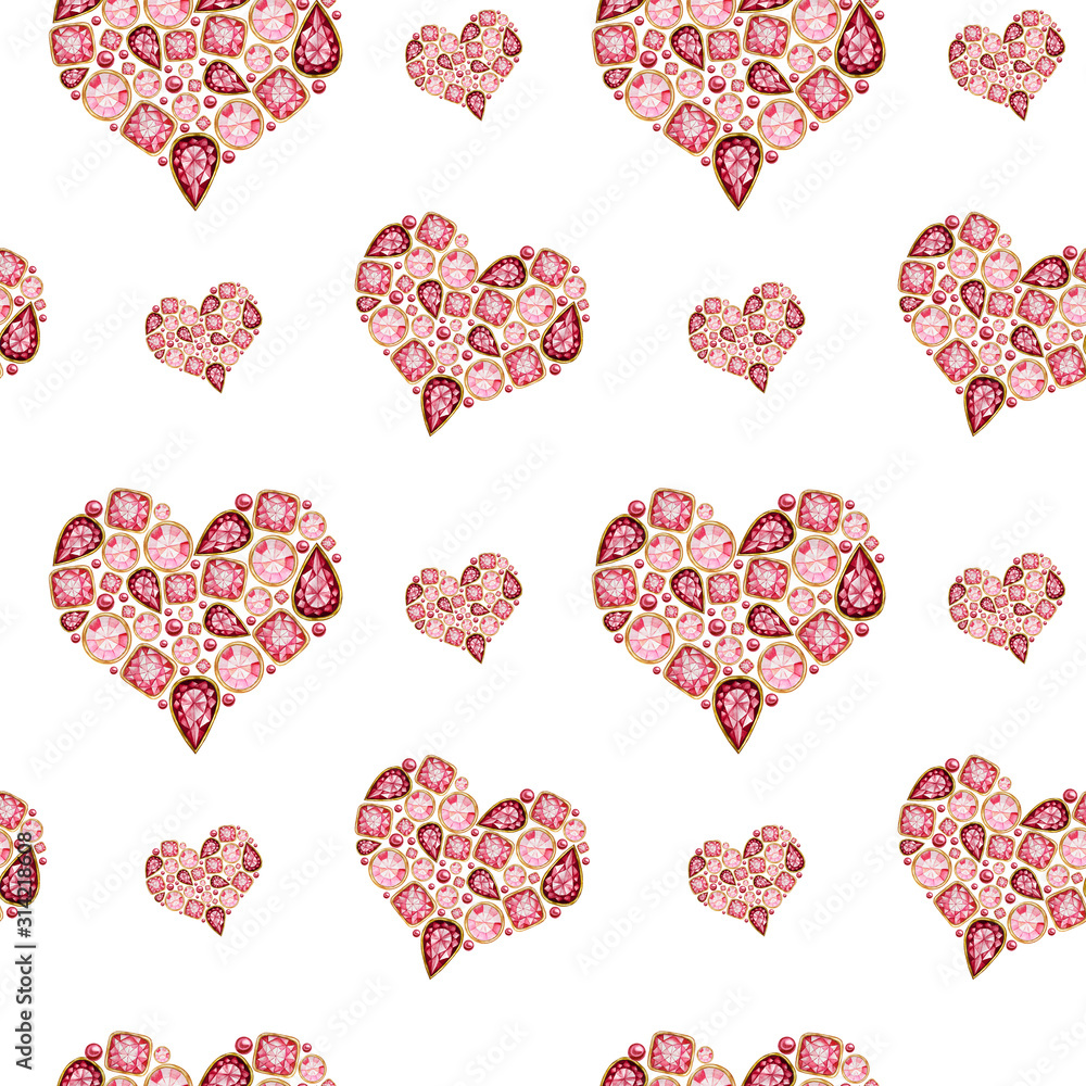 Seamless pattern Watercolor Heart from red pink crystal with gold element on white background. Fashion brilliant Beautiful jewelry. Wedding Love or Valentine's Day banner, poster, card texture fabric Seamless pattern Watercolor Heart from red pink crystal with gold element on white background. Fashion brilliant Beautiful jewelry. Wedding Love or Valentine's Day banner, poster, card texture fabric