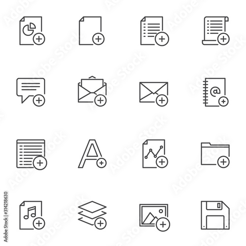 Add UI line icons set. linear style symbols collection, outline signs pack. vector graphics. Set includes icons as add contact book, mail, file folder, business report, music gallery, to do list © alekseyvanin
