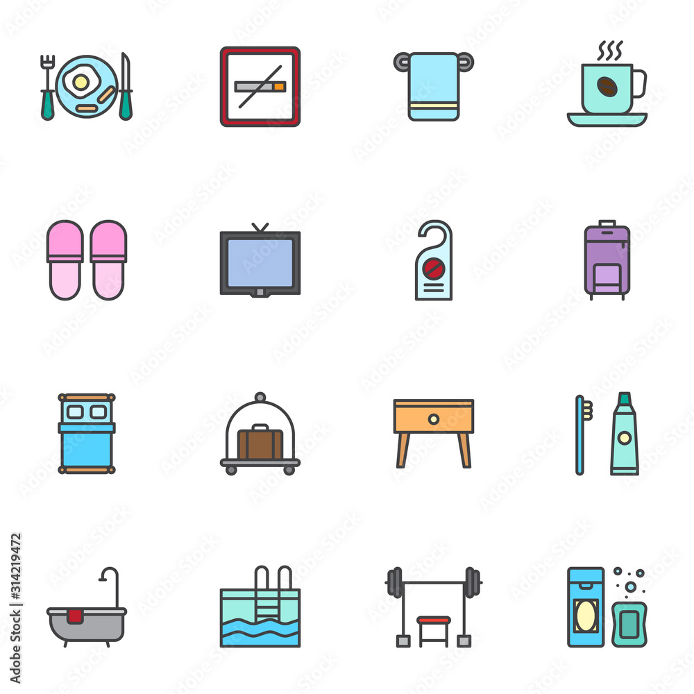 Hotel filled outline icons set, line vector symbol collection, linear colorful pictogram pack. Signs, logo illustration, Set includes icons as breakfast, luggage cart, tv, shower, gym, swimming pool
