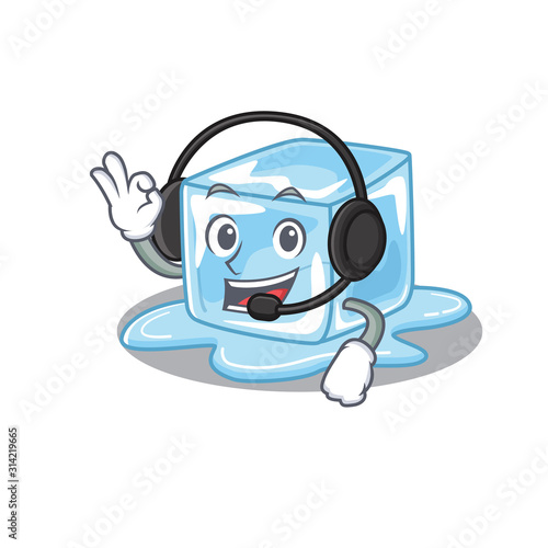 Smiley ice cube cartoon character design wearing headphone