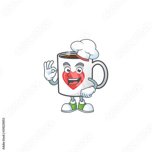 Cup coffee love cartoon character wearing costume of chef and white hat