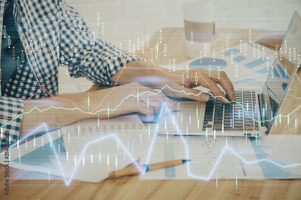 Multi exposure of stock market chart with man working on computer on background. Concept of financial analysis. Multi exposure of stock market chart with man working on computer on background. Concept of financial analysis.