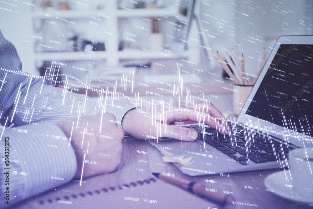 Multi exposure of stock market chart with man working on computer on background. Concept of financial analysis. Multi exposure of stock market chart with man working on computer on background. Concept of financial analysis.