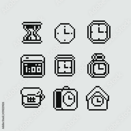 Clocks pixel art 1-bit icons set, hourglass, digital clock, stopwatch, alarm clock, isolated vector illustration. Design for stickers, logo alcohol store, mobile app, stamp, web.