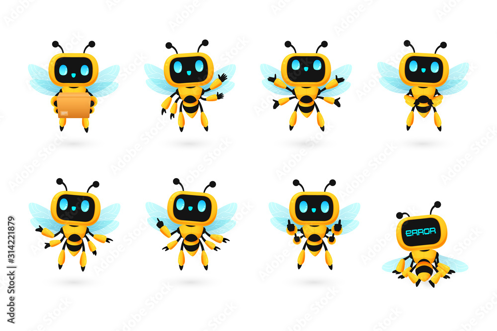 et of cute bee robot ai character in many pose