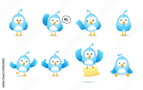 Set of cute bird robot character in many pose