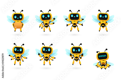 et of cute bee robot ai character in many pose