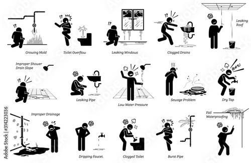 Water leaking issue and plumbing problem at house home building. Vector illustrations of different list type of plumbing issue on pipe, toilet, tap, sink, roof, floor, sewerage, drainage, and more.