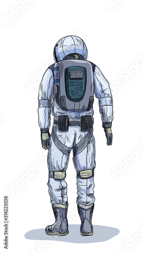 Astronaut in space suit, back view, full color