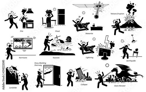 Natural disaster that destroy house and city icons. Vector illustration of fire disaster, flood, meteorite, volcano, hurricane, tsunami, lightning, earthquake, landslide and giant monster attack.