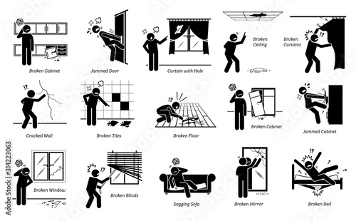 House defects issues and structural problems stick figure pictogram icons. Vector illustrations of a person unhappy and angry about home defects, spoiled structures, and broken furnitures.