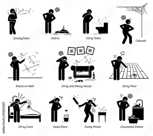 Dirty and messy house stick figure pictogram icons. Vector illustration of a person complaining about a poorly maintained house that is old, dirty, and messy.
