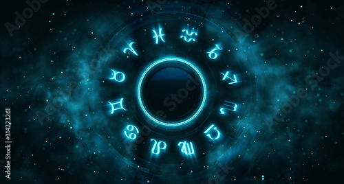Astrological system with zodiac symbols and particles around. Horoscope background digital illustration. photo
