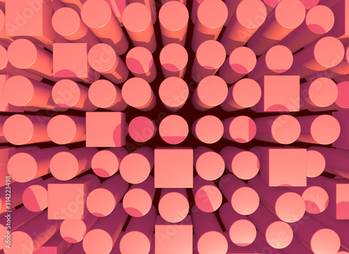 Abstract background with living coral colored pillars structure landscape. 3D illustration