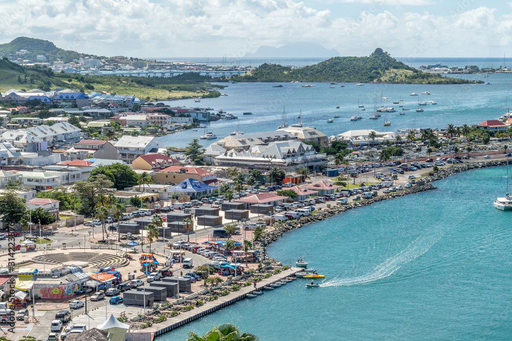 High aerial view of Marigot, The capital of french St.Martin.