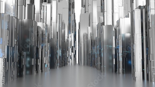 3D Rendering of abstract chromium metallic towers with digital data's glowing led color. Concept for data center, strong room,big data storage, cybernetic laboratory,artificial intelligence background © knssr