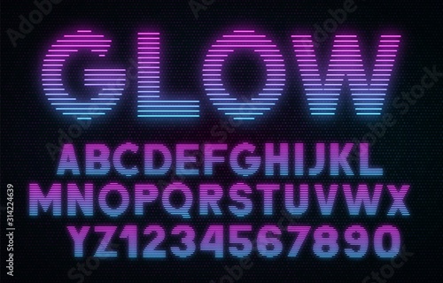Striped glowing letters and numbers on dark background. Retro pink-blue front .